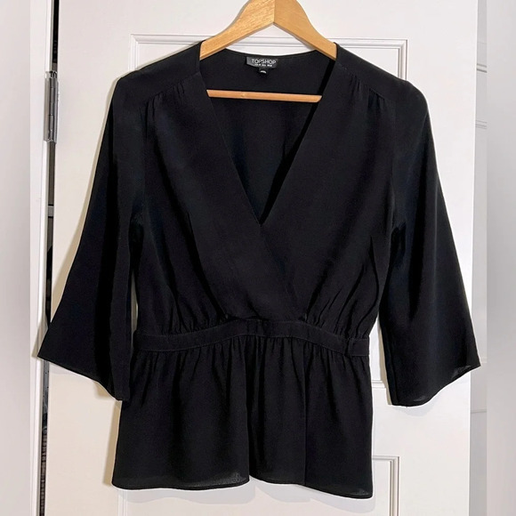 Topshop Black Surplice-Front Peplum Top (6/S) - Picture 1 of 2